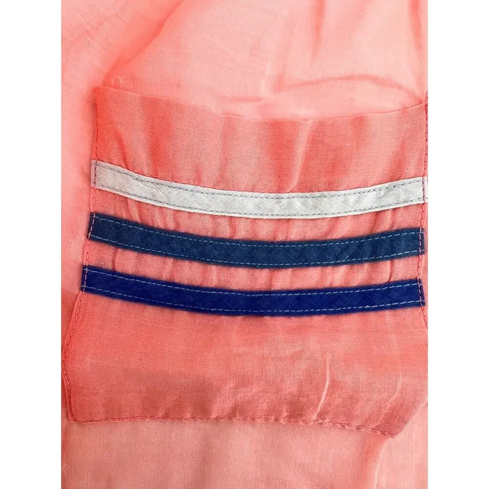 Vintage Kitchen Apron Handmade Coral with Blue Ribbon Trim